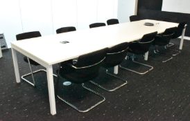 1 x White Boardroom Meeting Table Featuring a Metal Frame, Power Sockets with an On/Off Switch