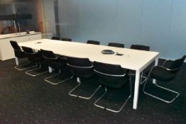1 x Large Boardroom Meeting Table and Chair Set Featuring a White Finish, Metal Frame, Power Cubby