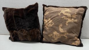 1 x Pair Of Brown Dragon Print/Fur Cushions - 43X43cm - Ref: CNT750/B3-7 - CL845 - NO VAT ON THE