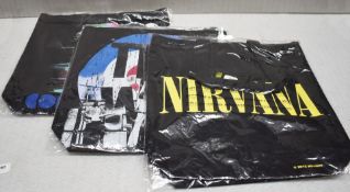 6 x Tote Shopper Bags Featuring The Who, Coldplay and Nirvana - Size: 40 x 40 cms