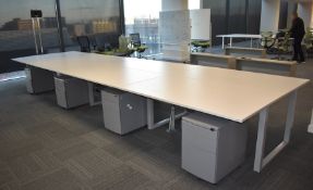 1 x Pod of 8 Office Desks Including Custom TV Mount for Large Screens and Grey Metal Drawers