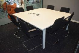 1 x Large Boardroom Meeting Table Featuring a White Finish, Metal Frame, Power Sockets with On/Off
