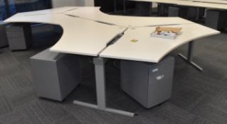 1 x Pod of 4 x Ergonomical Shaped Office Desks with Drawer Pedestals