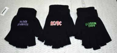 3 x Pairs of Fingerless Gloves Featuring Stitched Logos of Black Sabbath, Greenday and ACDC