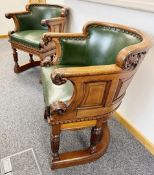 1 x Antique Curved Office Desk Captain's Chair with Carved Frame & Green Leather Studded Upholstery