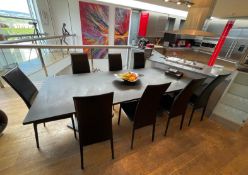 1 x Luxury 2.8-Metre Slate Dining Table with Twin-Pedestal Base and 8 x Leather Dining Chairs