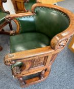 1 x Antique Curved Office Desk Captain's Chair with Carved Frame & Green Leather Studded Upholstery