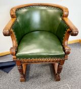 1 x Antique Curved Office Desk Captain's Chair with Carved Frame & Green Leather Studded Upholstery