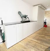1 x Bespoke Fitted 4-Metre Run of Slim Cloakroom Storage Units in White with Black Granite Counter -