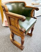 1 x Antique Curved Office Desk Captain's Chair with Carved Frame & Green Leather Studded Upholstery