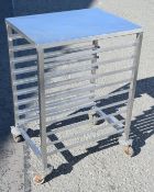 1 x Stainless Steel Mobile Tray Stand with Prep Area and Castors - Dimensions: H86 x W46 x D61 cms