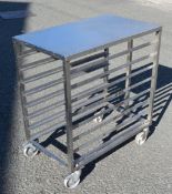 1 x Stainless Steel Mobile Tray Stand with Prep Area and Castors - Dimensions: H85 x W47 x D78 cms