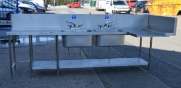 1 x Stainless Steel Pashthrough Dishwasher Stand Featuring Two Large Sink Basins with Mixer Taps