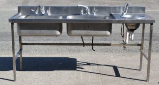 1 x Stainless Steel Twin Wash Basin Unit Featuring Two Large Sink Basins with Mixer Taps & Upstand