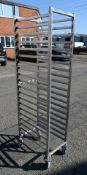 2 x Stainless Steel Upright Tray Stands on Castors - Approx Dimensions: H178 x W38 x D58 cms