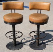 2 x Bar Stools Featuring Tan Leather Seats, Backrests and Footrests - Dimensions: H103 x SH77 x