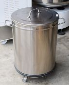 1 x Stainless Steel Cylinder Storage Bin with Castors and Lid - Dimensions: H69 x W46 cms