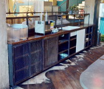 1 x Large Restaurant Counter Featuring a Rustic Wooden Top and Industrial Style Overshelf, Sink