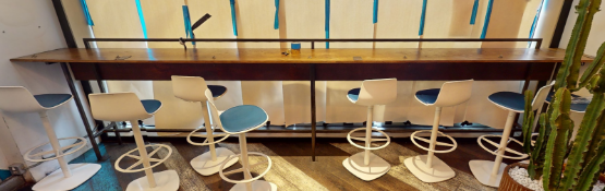 1 x Industrial Style 16ft Bar Table Featuring a Steel Frame, Rustic Wooden Table Top & Plug Sockets