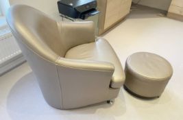 1 x NATUZZI ITALIA Luxury Leather Upholstered Armchair and Footstool with an Opulent Matallic Sheen
