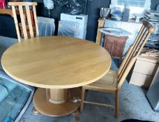 1 x Small Bone Bespoke Solid Oak Round Pedestal Dining Table with a 4 x Wooden High-Back Chairs