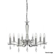 1 x 8 Light Ceiling Fitting In A Satin Silver Finish With Hexagonal Clear Glass Sconces And Glass Dr