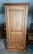 1 x Vintage Tall Solid Oak Lockable Armoire Wardrobe Slim Hall Cupboard with Bottom Drawer Storage -