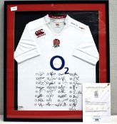 1 x England 2014-2015 O2 International Rugby Shirt - Signed with 33 Team Autographs - With COA