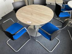 1 x Round Office Meeting Table Featuring an Oak Finish and Four Stackable Office Chairs