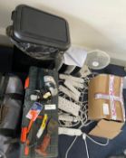 1 x Large Assorted Job Lot Including Heaters, Tools, Tool Box, Waste Bin, Desktop Fan and Plug