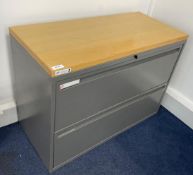 1 x Two Drawer Office Filing Cabinet - Grey Metal Construction with a Low Desiogn and Light Wooden