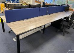 1 x Pod of 6 x Modern Office Desks Featuring an Oak Finish, Black Metal Frame, Central Cable Tidy