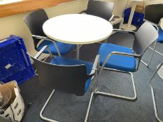 1 x Round Office Meeting Table Featuring an White Finish and Four Stackable Office Chairs