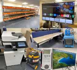 Contents of a Property Business Office & Warehouse Featuring Pallet Racking, Tools, Job Lots, PPE, TVs, 27" PC Monitors, Office Furniture & More