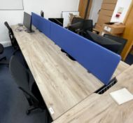 1 x Pod of 4 x Modern Office Desks Featuring an Oak Finish, Black Metal Frame, Central Cable Tidy