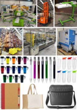 Contents of a Promotional Merchandise Supplier including Industrial Automatic Screen and UV Printing Machinery, Racking & New Boxed Promo Stock