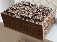 1 x Vintage Ornate Hand Carved Wooden 2-Compartment Trinket Box / Spice Chest