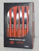 6 x ZODIAC Steel Steak Knives with Wooden Handles - Unused Boxed Stock