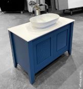 1 x TRISTAN ALEXANDER Davenport 1050mm Washstand With Carved Door In Hicks Blue - Handmade In The Uk