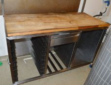 1 x Wooden Block Prep Counter Featuring Tray Runners, Overhead Shelf and Appliance Sockets