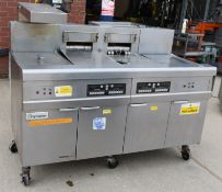 1 x Frymaster Twin Double Tank Electric 3 Phase Fryer with Built in Filtration and Chip Warmers -