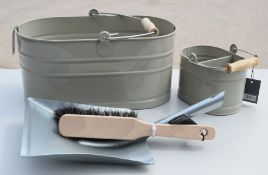 1 x Utility Bucket And Small Bucket In Clay + Galvanised Dustpan And Brush - Ref: GTC683/GTCC16 -