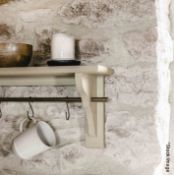 1 x Walcote Wooden Kitchen Shelf in a Clay Coloured Finish with Brass Rail with 8 x Utensil Hooks,