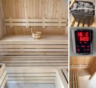 Contents of Luxury HARVIA Sauna Steam Room: Sauna Heater, Control Panel, Bench Seating, Glass Doors