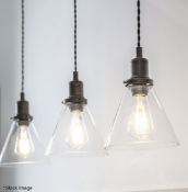 1 x Hoxton Trio Cone 3-Lamp Pendant Light Fitting in Glass and Steel with a Powder Coated Antique