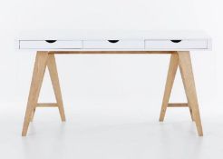1 x Blue Suntree Ellwood Trestle Desk With a White Finish, Oak Legs and Three Storage Drawers