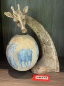 1 x Decoupage Ostrich Egg with Giraffes and Carved Giraffe Stand - Ref: LB375 - CL1020 - NO VAT ON