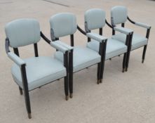 8 x Commercial Wooden Dining Chairs with Padded Armrests in a Pale Blue Faux Leather - Recently