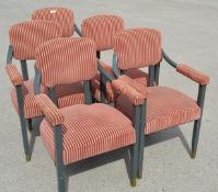 5 x Commercial Wooden Dining Chairs with Padded Armrests, Richly Upholstered in a Bold Red Striped