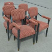 5 x Commercial Wooden Dining Chairs with Padded Armrests, Richly Upholstered in a Bold Red Striped